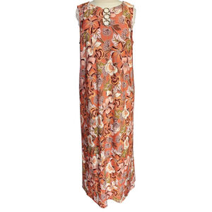 Ellen Weaver 1X Floral Maxi Dress Sleeveless Orange Coral Tropical Gold Ring